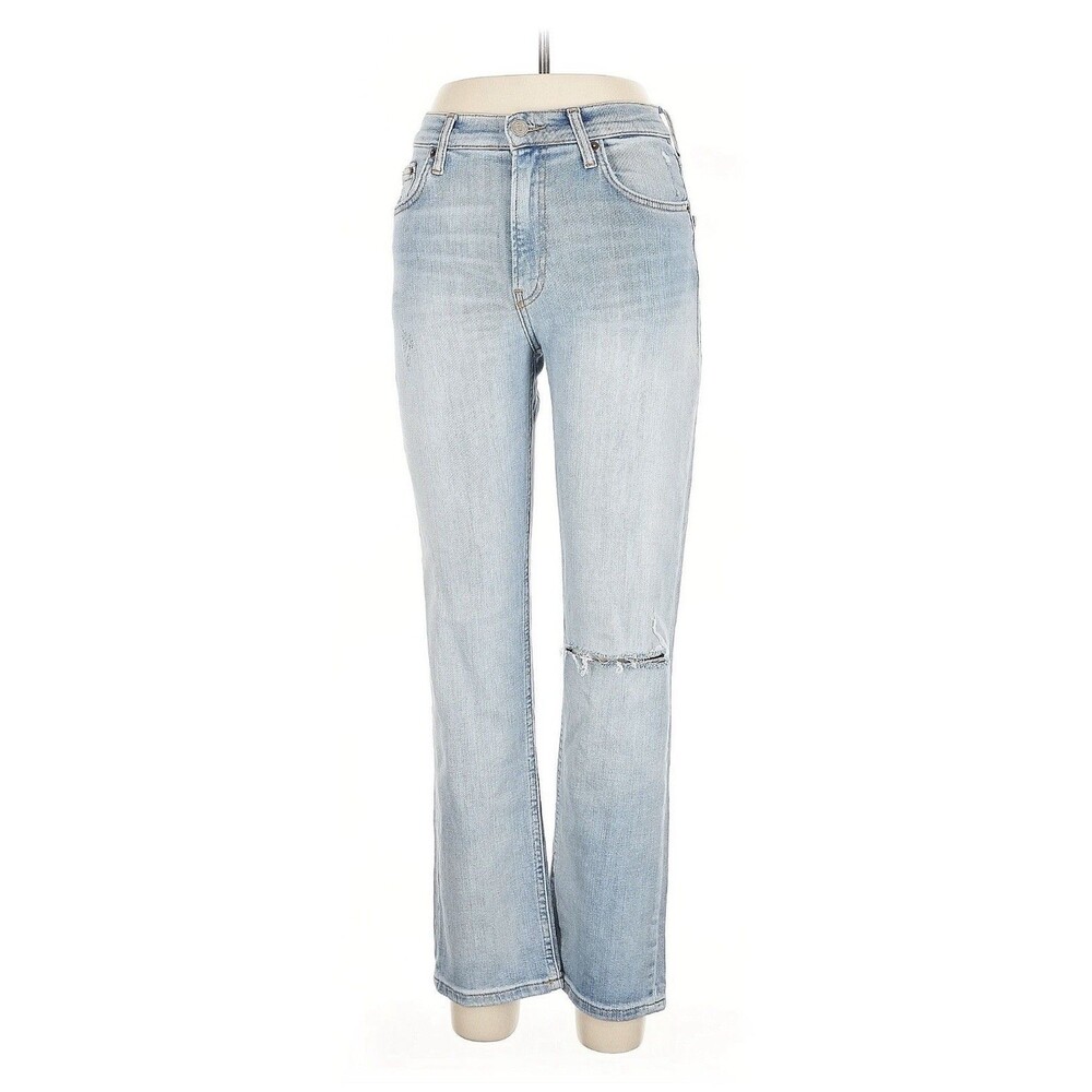 ZARA Women's Light Blue Distressed Straight Leg Denim Jeans 5-Pocket Button Zip